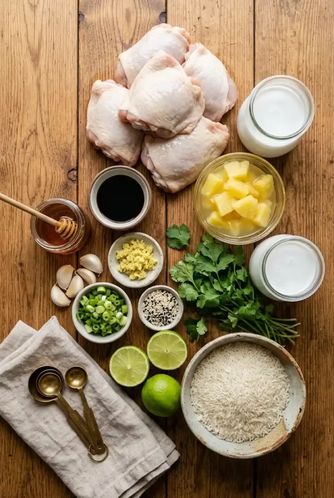 Hawaiian chicken ingredients: raw thighs, coconut milk, pineapple, soy sauce, honey, garlic, ginger, lime, cilantro, rice, sesame seeds. Wood table prep