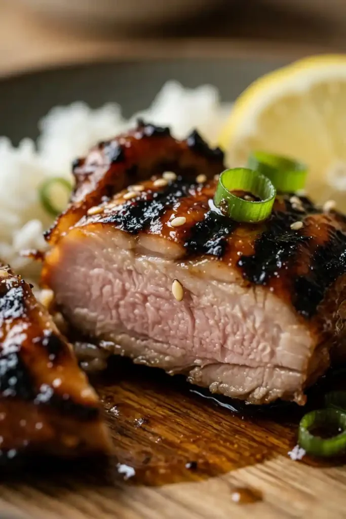 Juicy grilled Hawaiian chicken thigh, glazed, sliced open. Sesame seeds, green onion, lemon wedge beside it. Close-up on wood board