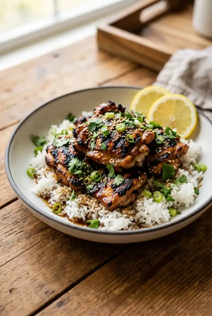 Bowl of Hawaiian chicken over fluffy coconut rice, topped with cilantro, scallions, sesame seeds. Lemon wedges on side. Rustic wood background