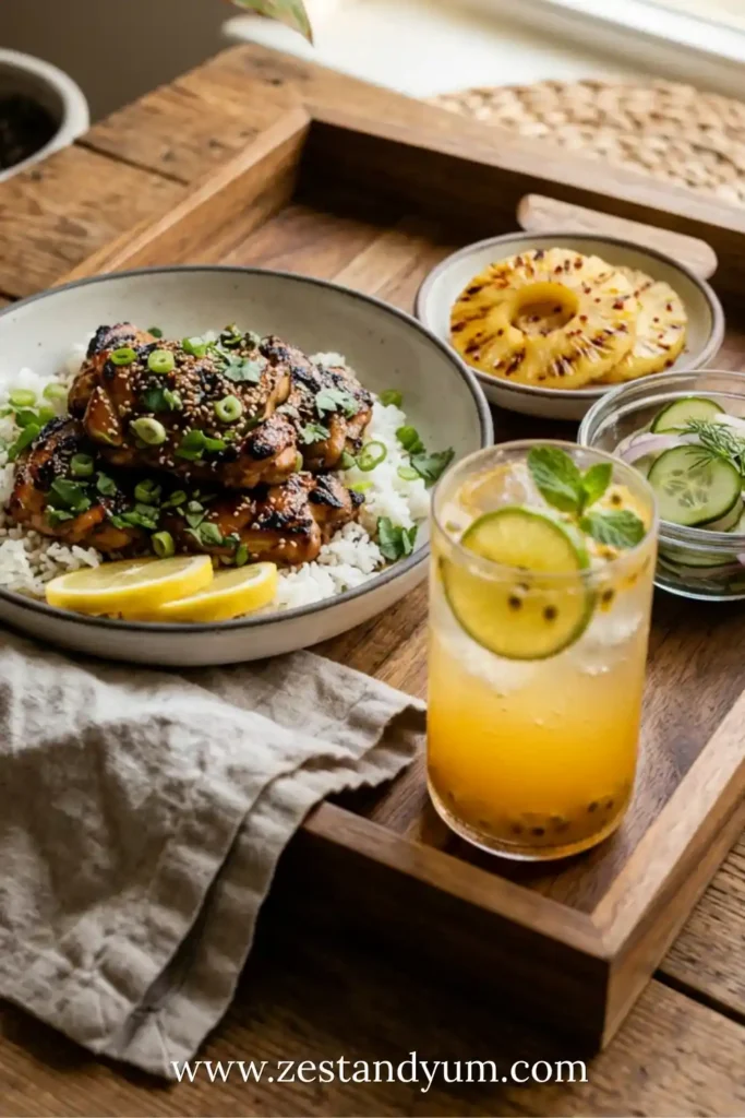 Grilled Hawaiian chicken over coconut rice with grilled pineapple, cucumber salad, passionfruit drink. Served on wood tray. ZestAndYum.com