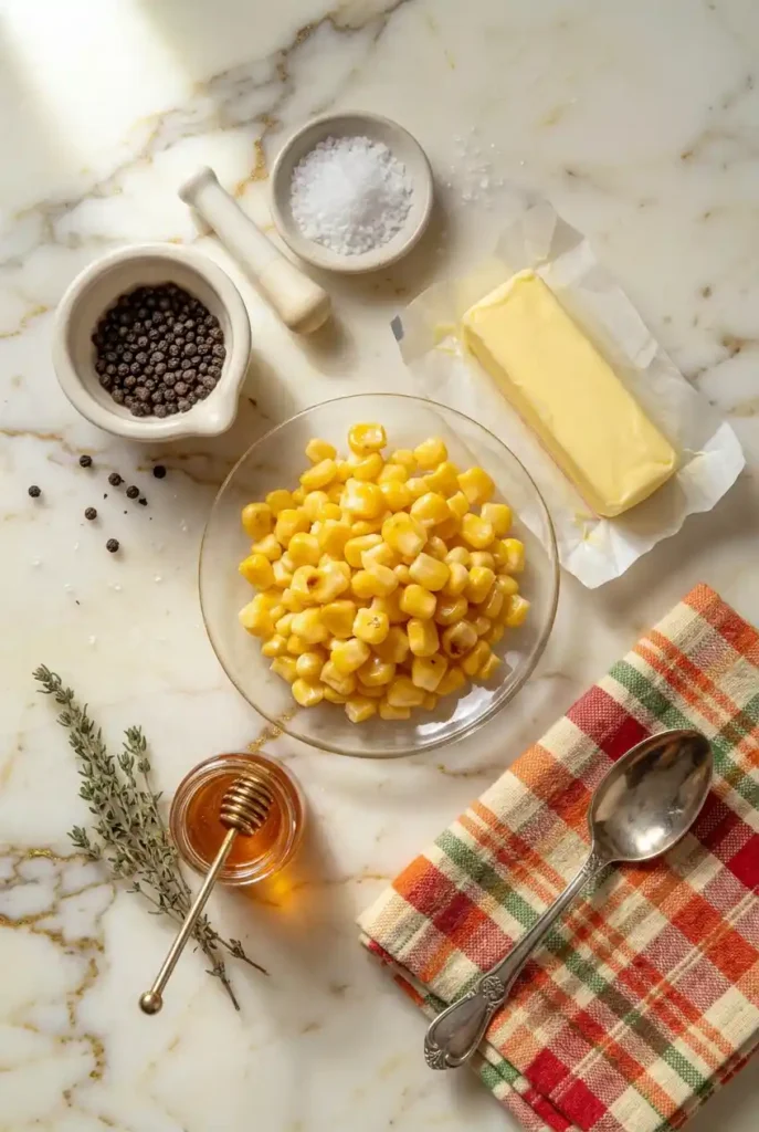 Ingredients for KFC-style sweet corn: canned or fresh corn kernels, butter stick, honey with dipper, fresh thyme, black peppercorns in mortar, flaky sea salt. Arranged on marble surface with plaid napkin and spoon