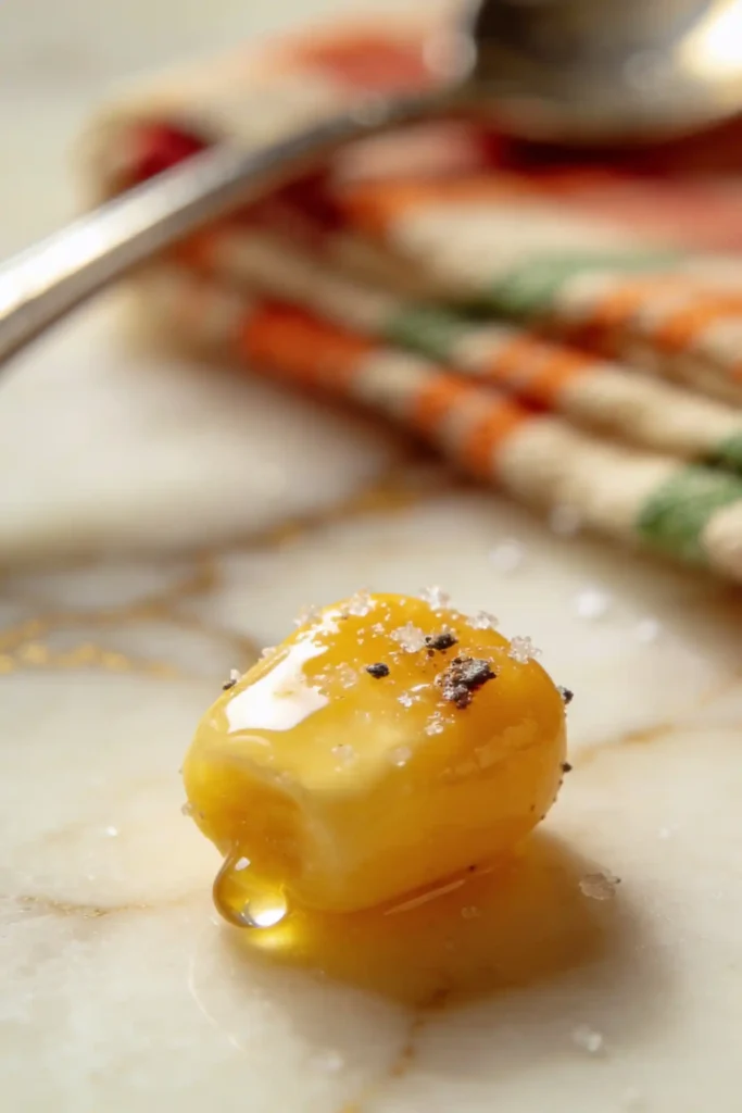 Extreme close-up of one glazed corn kernel coated in honey, sprinkled with flaky salt and black pepper. Background softly blurred shows plaid napkin and spoon. Highlights texture and shine of copycat KFC sweet corn recipe