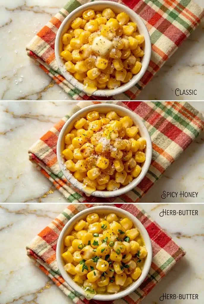 Three ways to make KFC sweet corn: Classic with butter and salt, Spicy Honey with chili flakes and drizzle, Herb-Butter with chopped chives and parsley. Each version shown in small bowl over plaid napkin on marble background.