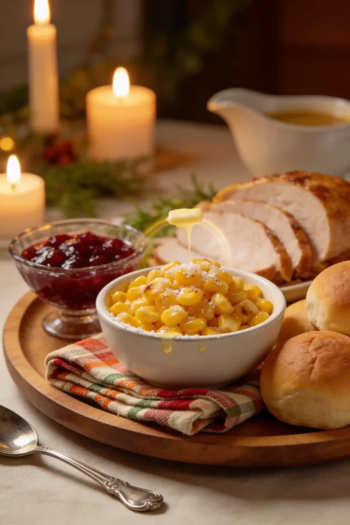 KFC-inspired sweet corn side dish served warm in white bowl with melting butter and flaky salt. Part of festive Thanksgiving or Christmas dinner spread with sliced turkey, cranberry sauce, dinner rolls and candlelight ambiance.