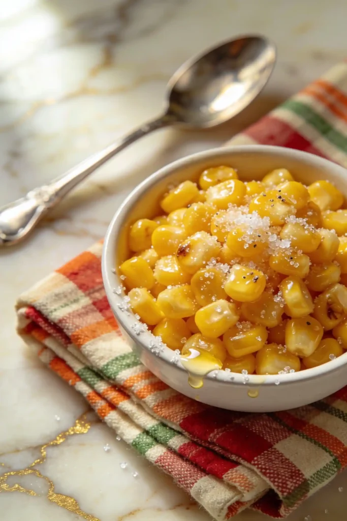 Close-up of KFC-style sweet corn in ceramic bowl topped with coarse sea salt, cracked pepper and glistening honey drizzle. Bowl rests on folded plaid napkin beside vintage silver spoon on gold-veined marble.