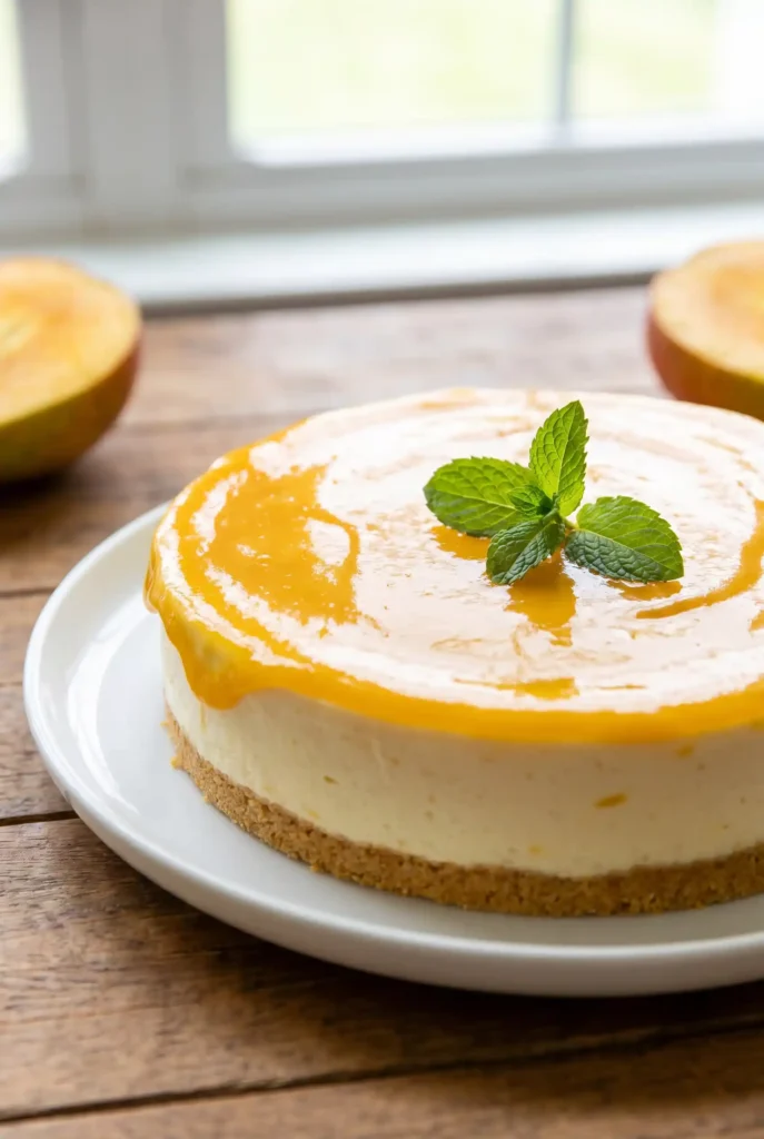No-bake mango cheesecake on graham cracker crust, topped with glossy mango glaze and fresh mint sprig. Served on white plate over rustic wood table. Halved mangoes blurred in background near window light. Perfect summer dessert or tropical treat