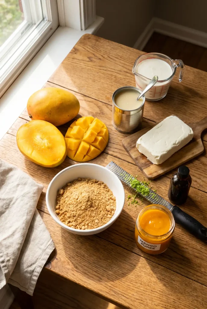 Ingredients for mango cheesecake: whole and diced mangoes, graham cracker crumbs, cream cheese block, sweetened condensed milk, heavy cream, vanilla extract, lime zest, microplane grater, jar labeled “mango puree.” Arranged on sunlit wood table beside linen napkin. Great for step-by-step prep shot