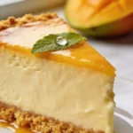 Slice of creamy no-bake mango cheesecake showing thick filling, crumbly graham base, and vibrant mango topping. Glaze drips onto plate. Mint leaf with water droplet adds freshness. Half mango visible behind slice. Ideal for food photography or recipe feature