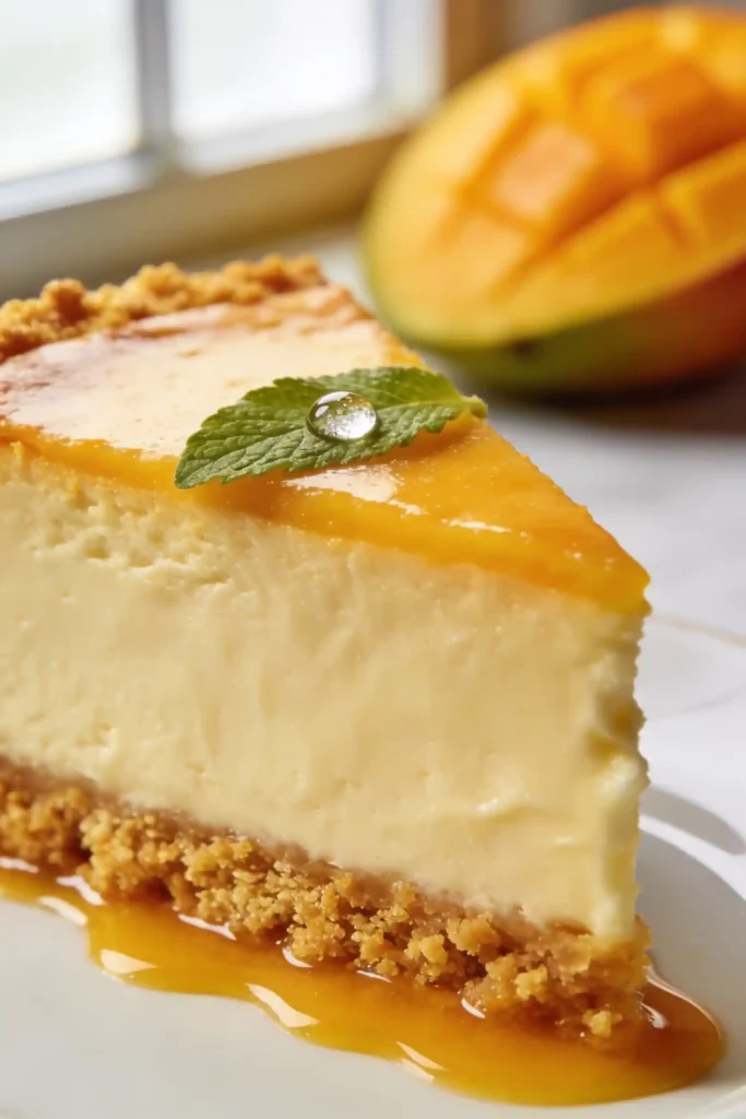 Slice of creamy no-bake mango cheesecake showing thick filling, crumbly graham base, and vibrant mango topping. Glaze drips onto plate. Mint leaf with water droplet adds freshness. Half mango visible behind slice. Ideal for food photography or recipe feature