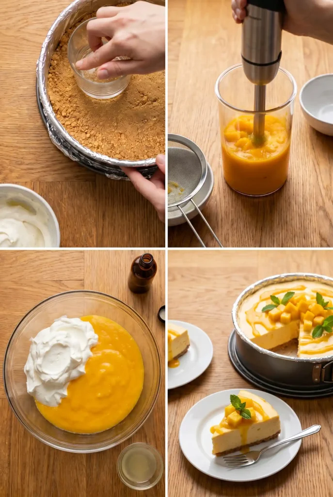 Step-by-step guide to making no-bake mango cheesecake: press graham cracker crust into foil-lined pan, blend fresh mango with immersion blender, fold mango puree into whipped cream or yogurt base, then chill and serve topped with diced mango and mint. Final slice shown on plate with fork beside whole cake in springform pan. Perfect tropical summer dessert made easy
