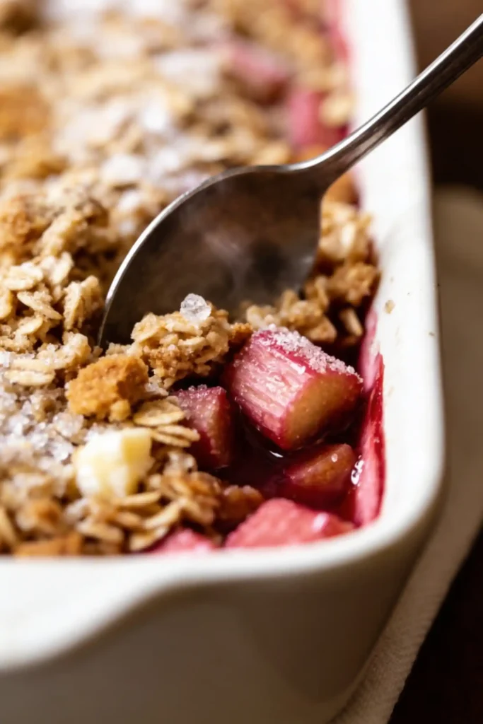 Close-up of spoon lifting warm, steaming rhubarb crisp from baking dish. Juicy ruby-red rhubarb bubbles beneath golden oat-brown sugar crumble. Steam rises gently. Perfect comfort dessert or springtime treat.