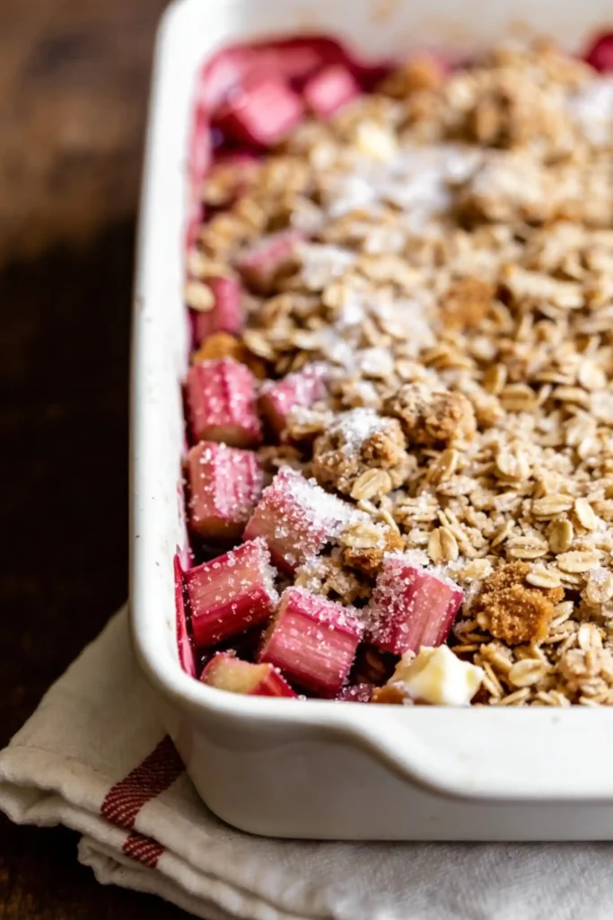 Unbaked rhubarb crisp in white ceramic baking dish. Chopped pink rhubarb topped with brown sugar, oats, butter cubes, and coarse sugar. Dish rests on folded linen napkin with red stripe over dark wood surface. Ready for oven