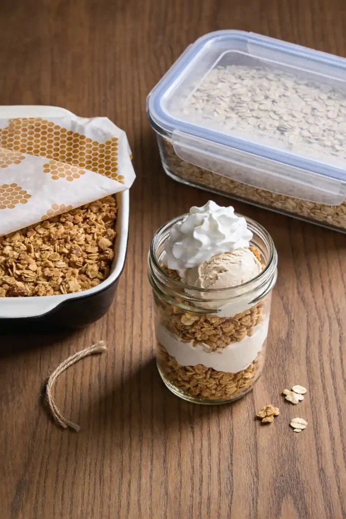 Rhubarb crisp parfait with ice cream in mason jar. Baked oat crumble beside it on wood table. Easy spring dessert idea.
