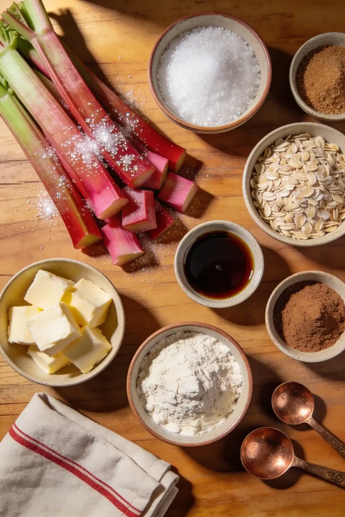 Rhubarb crisp ingredients: fresh rhubarb, oats, butter, flour, sugars, cinnamon, vanilla. Arranged on wood with copper spoons.