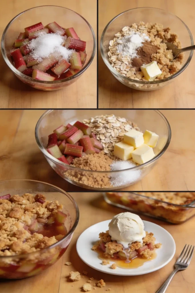 How to make rhubarb crisp step by step. Top left: toss chopped rhubarb with sugar. Top right: mix oats, flour, brown sugar, cinnamon, and butter for topping. Middle: combine all ingredients in bowl. Bottom: bake until bubbly, serve warm with vanilla ice cream on plate beside fork. Easy homemade dessert tutorial.
