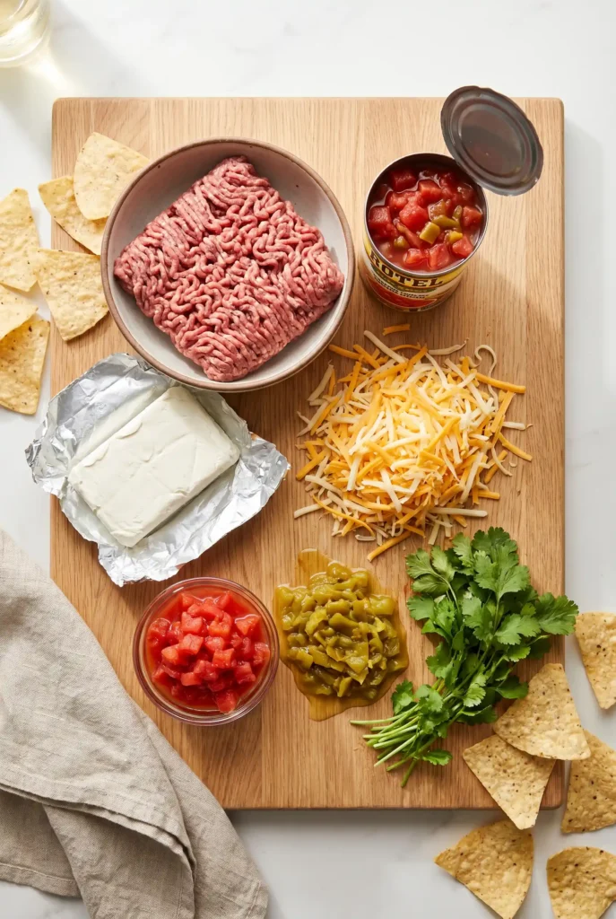 Ingredients for classic Rotel dip arranged on wooden cutting board