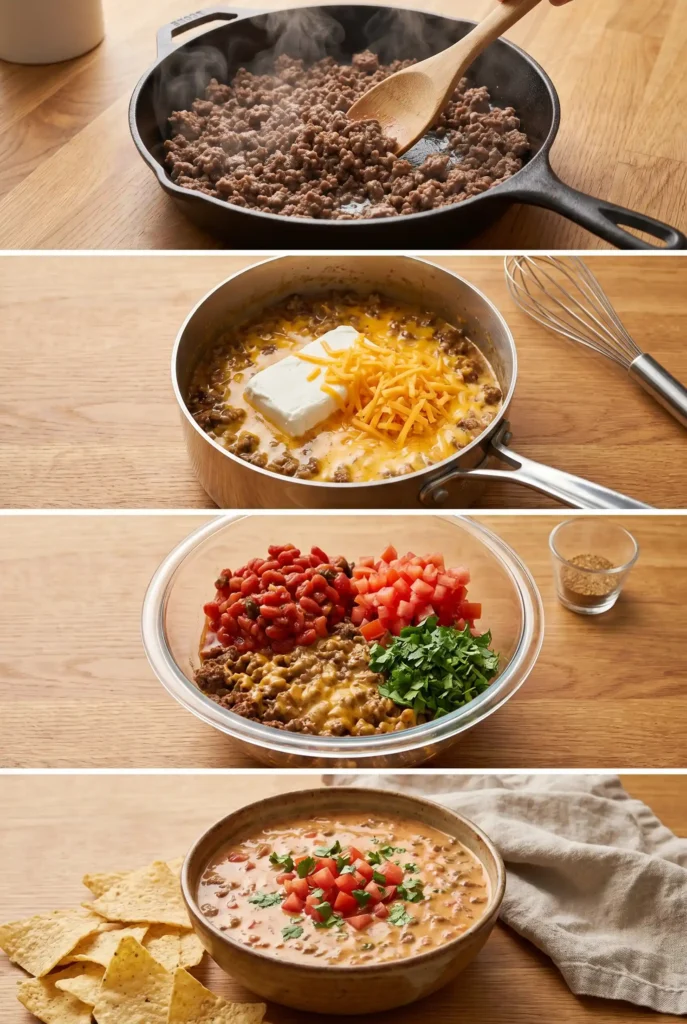 Step-by-step guide to making Rotel dip: brown ground beef in cast iron skillet, melt cream cheese and shredded cheddar jack into meat, combine with Rotel tomatoes, fresh diced tomatoes and cilantro in glass bowl, then serve warm in rustic ceramic bowl with tortilla chips. Perfect creamy game day appetizer made easy