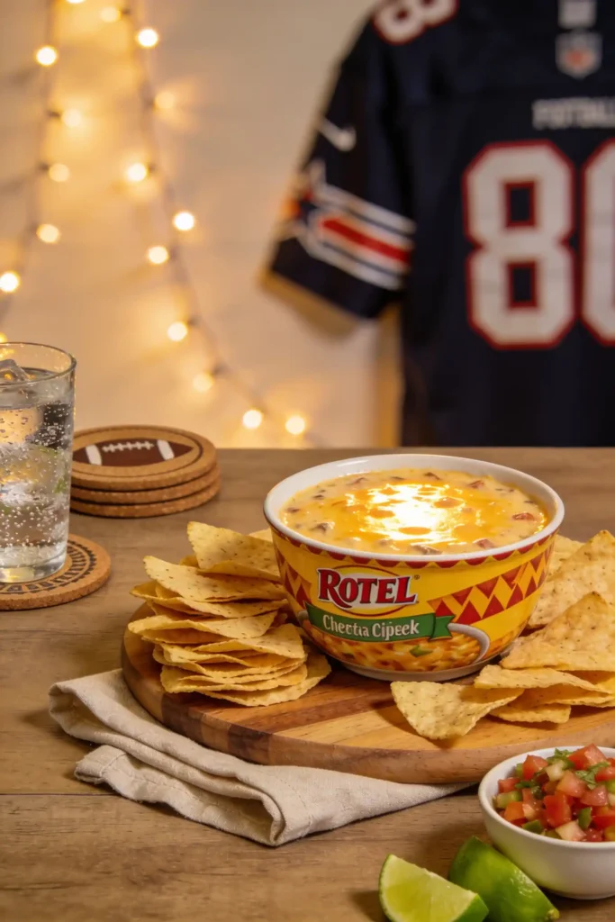 Rotel Checta Cipeek dip served in branded yellow bowl on wooden board with tortilla chips. Background features football jersey number 80, string lights, football coasters, glass of sparkling water, lime wedges and small bowl of pico de gallo. Perfect Super Bowl or tailgate party appetizer setup