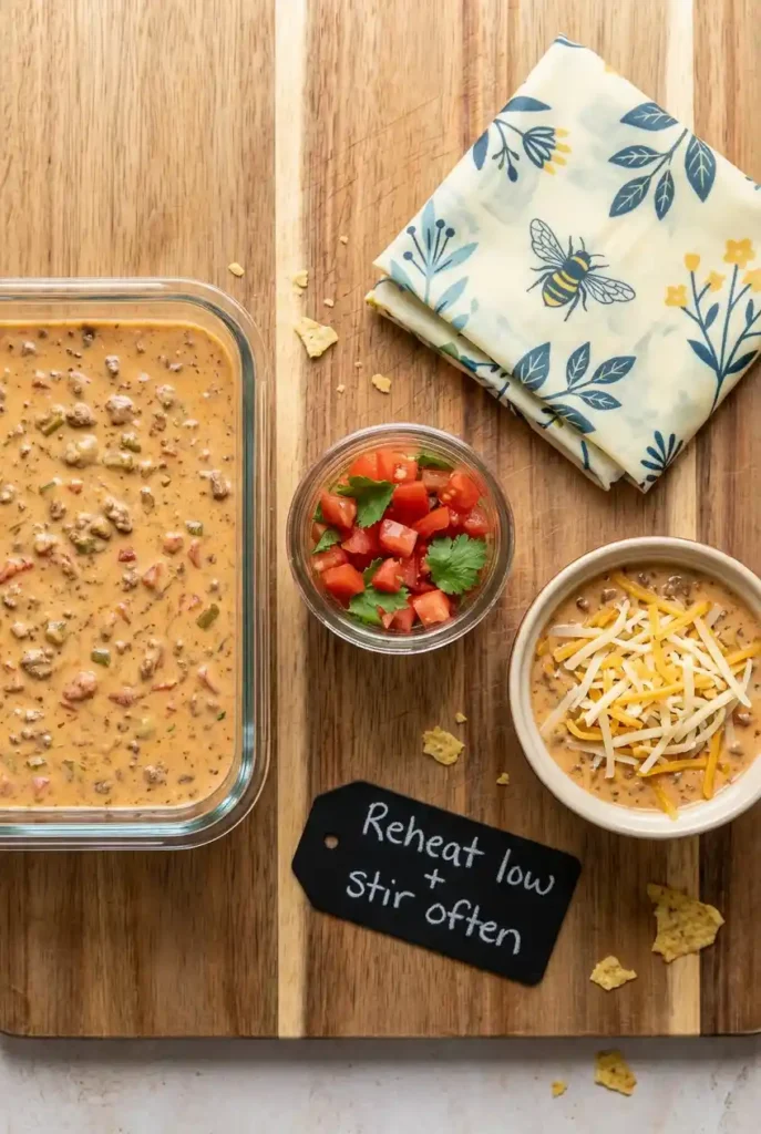 Make-ahead Rotel dip stored in glass container beside single serving bowl topped with shredded cheese. Small jar of fresh pico de gallo and bee-print napkin nearby. Chalkboard tag reads “Reheat low + stir often.” Wooden board surface with scattered chip crumbs. Perfect for party prep or leftover lunch idea