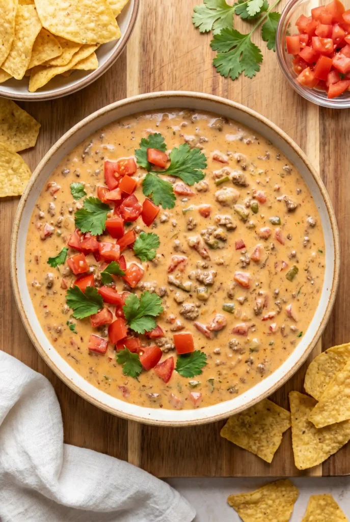 Creamy Rotel dip served in rustic ceramic bowl on wooden board. Topped with diced tomatoes and fresh cilantro leaves. Surrounding the bowl are tortilla chips, a small glass dish of extra pico de gallo, and scattered cilantro sprigs. White linen napkin tucked at corner. Perfect party appetizer or game day snack