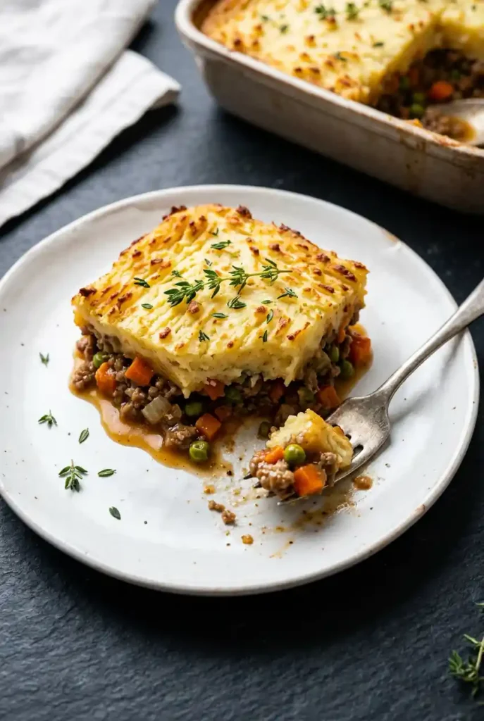 Shepherd’s pie slice on plate: golden mashed potato top, beef & veggie filling. Fork lifts bite. Thyme garnish. Comfort food classic