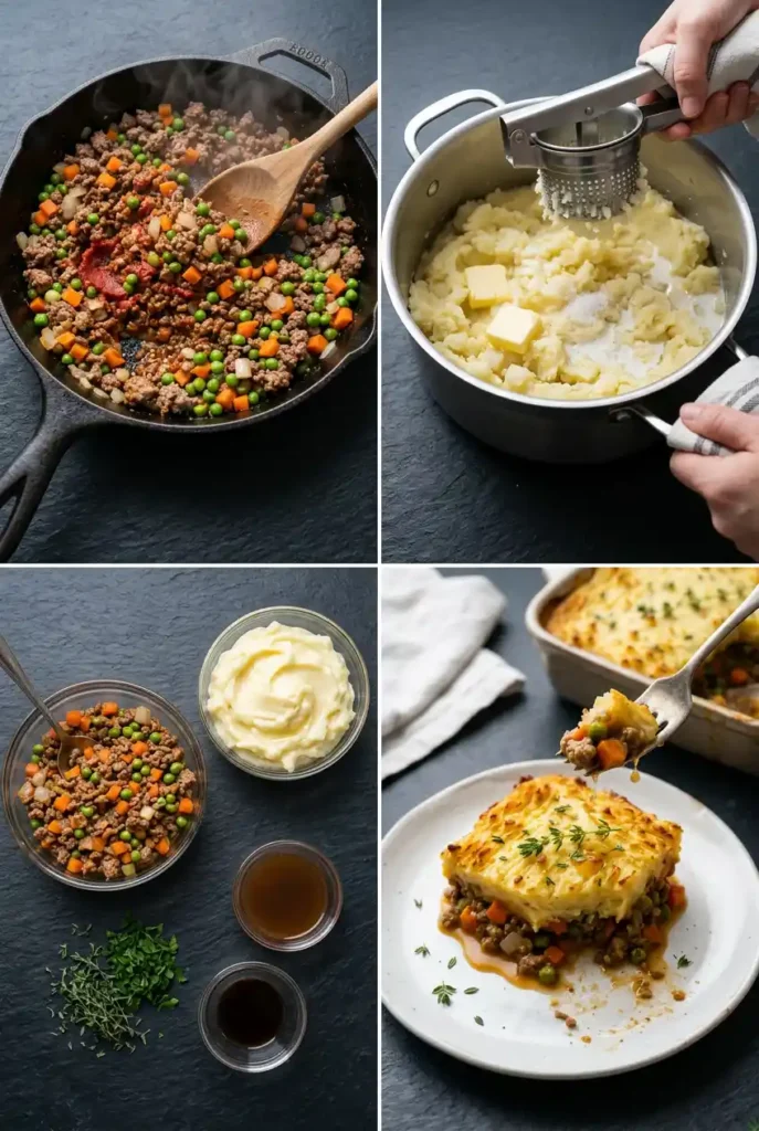 How to make shepherd’s pie: cook meat/veggies, mash potatoes, layer in dish, bake until golden. 4-step visual guide on dark surface