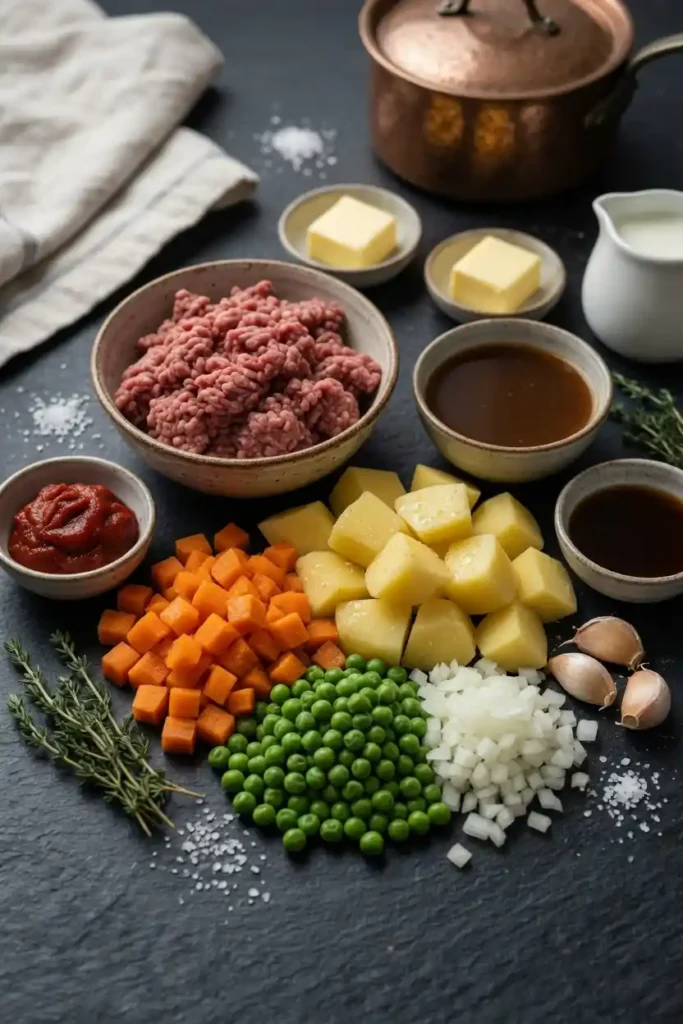 Shepherd’s pie ingredients: ground lamb/beef, potatoes, carrots, peas, onion, garlic, tomato paste, broth, butter, thyme. Dark slate prep shot