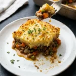 Fork lifts juicy shepherd’s pie bite: tender beef, carrots, peas under crispy potato crust. Sauce drips. Plated with thyme sprigs