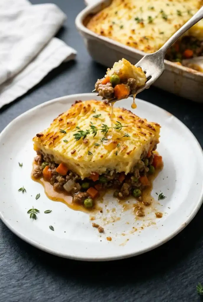 Fork lifts juicy shepherd’s pie bite: tender beef, carrots, peas under crispy potato crust. Sauce drips. Plated with thyme sprigs