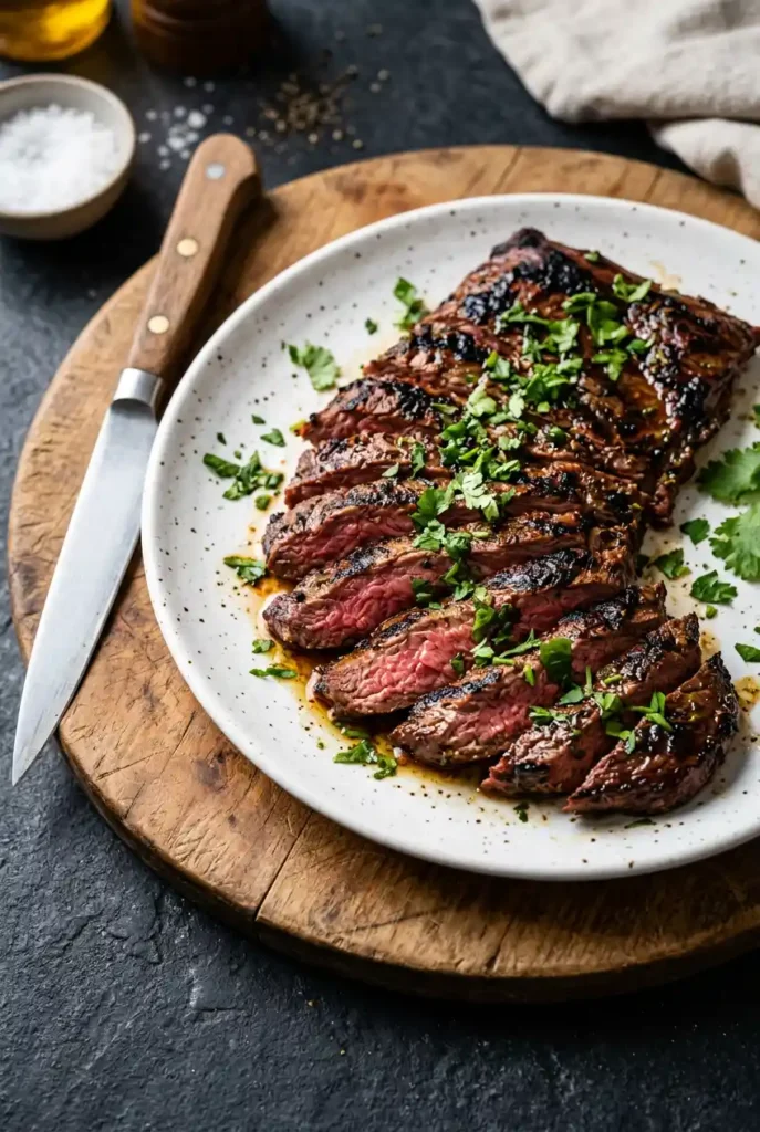Marinated grilled skirt steak, sliced and served on ceramic plate over wooden board. Knife nearby. Fresh cilantro sprinkle. Dinner ready