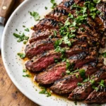 Sliced grilled skirt steak on white plate, topped with chopped cilantro. Wooden board and knife beside it. ZestAndYum.com watermark