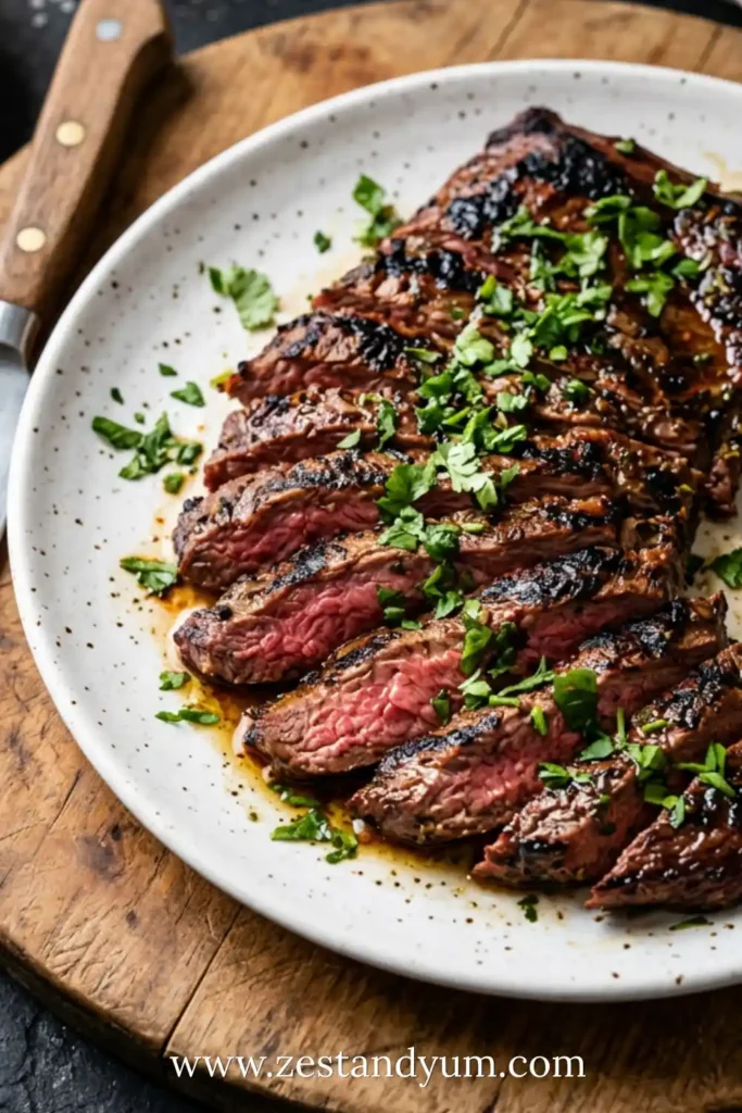 Sliced grilled skirt steak on white plate, topped with chopped cilantro. Wooden board and knife beside it. ZestAndYum.com watermark
