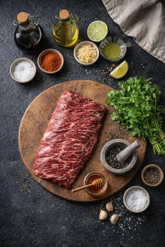 Skirt steak marinade ingredients: raw beef, lime, garlic, honey, soy sauce, olive oil, spices, cilantro, salt, pepper. Dark surface prep shot