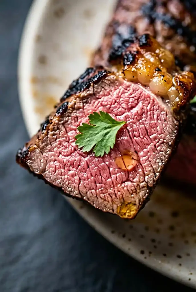 Grilled skirt steak slice, medium-rare, charred edges, garnished with cilantro. Close-up on speckled plate. Juicy beef recipe