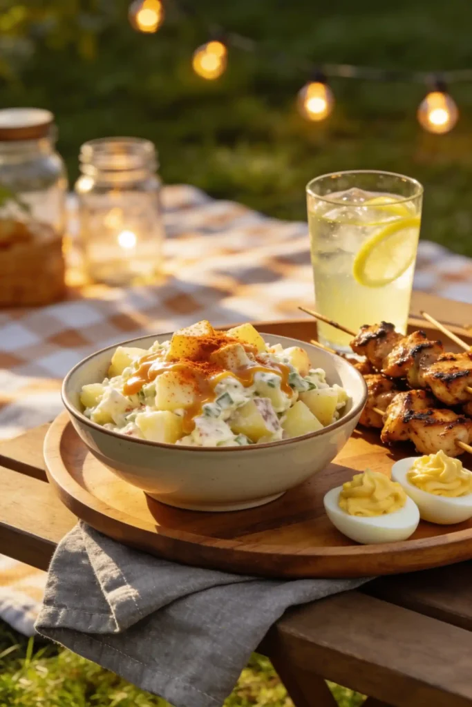 Potato salad served outdoors with chicken skewers, deviled eggs, lemonade. String lights glow behind checkered blanket. Summer BBQ ready