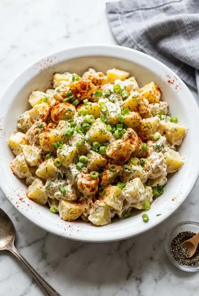 Creamy potato salad in white bowl topped with chives, dill, paprika. Spoon and peppercorns beside it on marble. Classic side dish