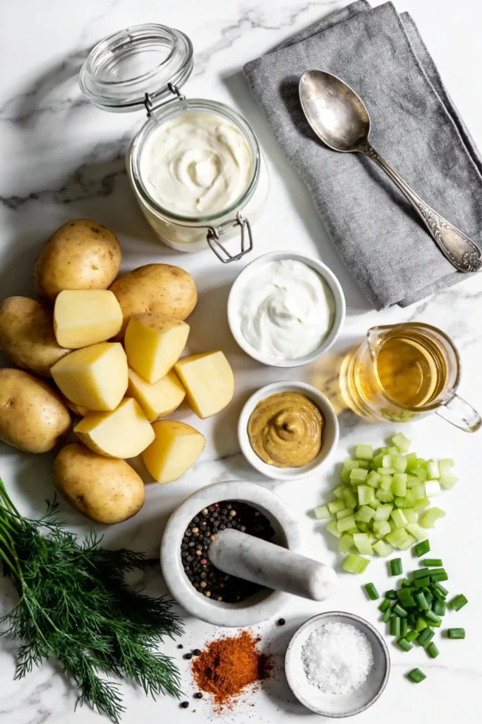 Potato salad ingredients: boiled potatoes, mayo, sour cream, mustard, celery, chives, dill, vinegar, salt, pepper, paprika. Marble surfac