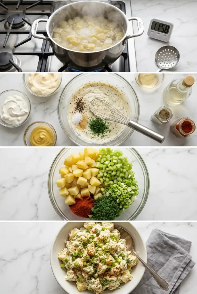 How to make potato salad: boil potatoes, whisk dressing, mix with celery/chives/dill, toss, chill. 4-step visual guide on marble