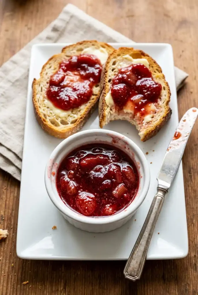 Homemade strawberry rhubarb jam in white ramekin beside two slices of toasted bread topped with butter and glossy red jam. One slice has a bite taken out. Silver knife rests on plate over wooden table with linen napkin