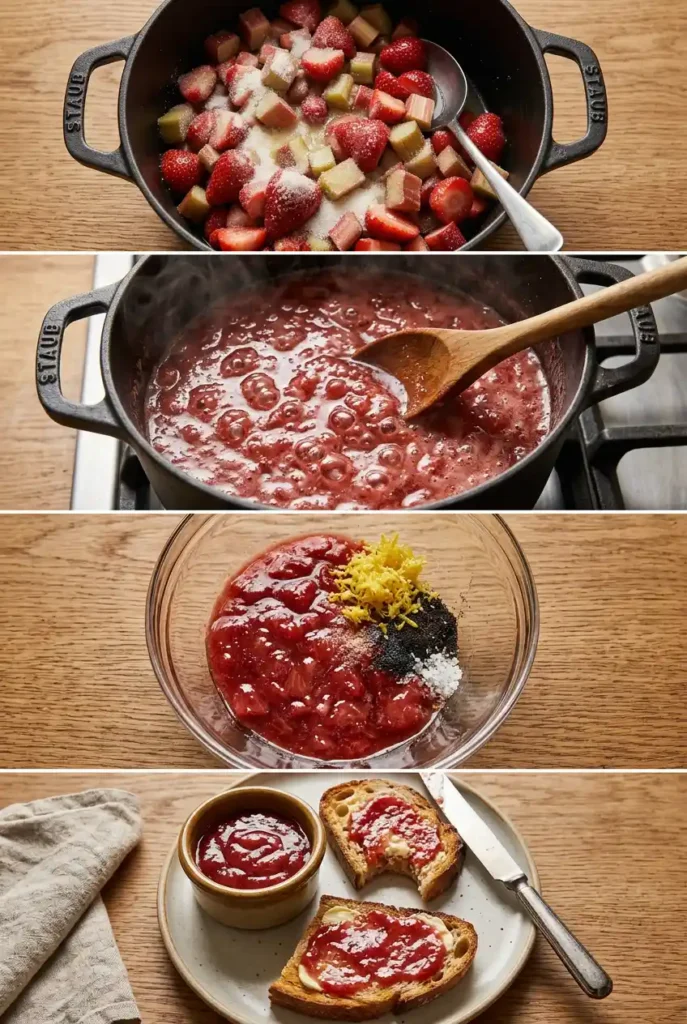 How to make strawberry rhubarb jam step by step. Top panel: Strawberries and rhubarb mixed with sugar in Staub Dutch oven. Middle panel: Jam simmering and bubbling on stove. Bottom left: Cooked jam in bowl with lemon zest, poppy seeds and salt added. Bottom right: Finished jam served on buttered toast with knife on ceramic plate