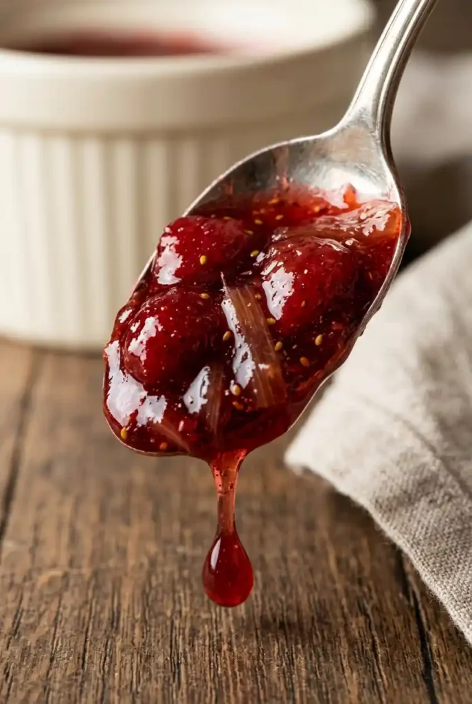Close-up of spoon holding thick, glistening strawberry rhubarb jam with visible fruit pieces and seeds. A drop falls from the spoon onto rustic wood surface. Background shows blurred ramekin and cloth napkin