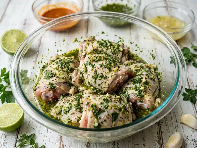 Chicken thighs marinating in bowl