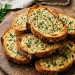Slices of crispy air fryer garlic bread topped with herbs and garlic butter stacked on a rustic wooden board.