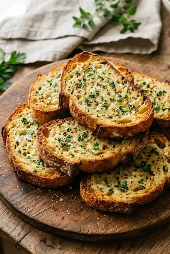 Slices of crispy air fryer garlic bread topped with herbs and garlic butter stacked on a rustic wooden board.