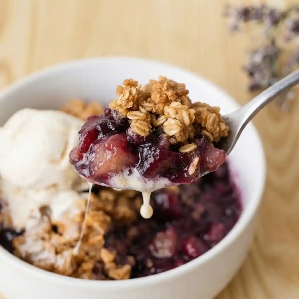 Close-up of spoonful of apple blueberry crisp with melting vanilla ice cream and juicy fruit filling