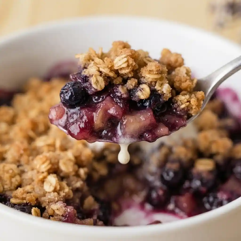 Spoonful of apple blueberry crisp showing juicy berries, apple chunks, and oat crumble with cream drip