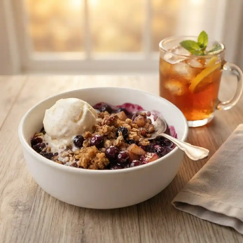 Bowl of apple blueberry crisp topped with vanilla ice cream, served with iced tea on wooden table