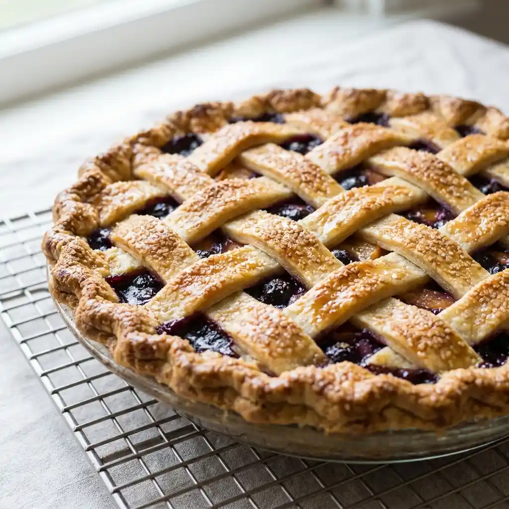 Baked peach blueberry pie with sugar-dusted lattice top on cooling rack. Fresh fruit dessert.