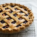 Whole peach blueberry pie with golden lattice crust cooling on wire rack. Homemade summer dessert.
