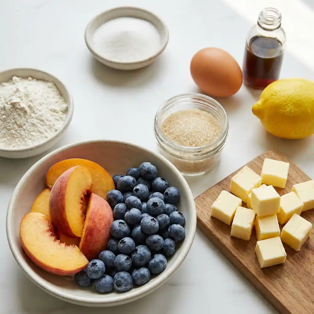 Peach blueberry pie ingredients: fresh peaches, blueberries, cubed butter, flour, sugar, egg, lemon on white surface.